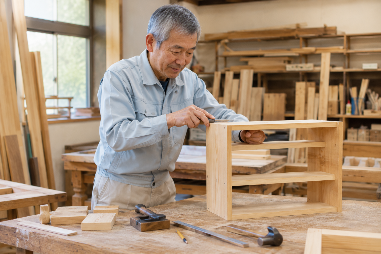 木材を使った大工作業をするシルバー人材センター会員