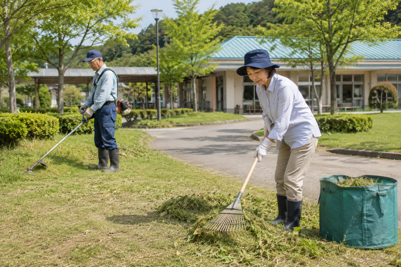 屋内外の清掃や除草、草刈りをするシルバー人材センター会員