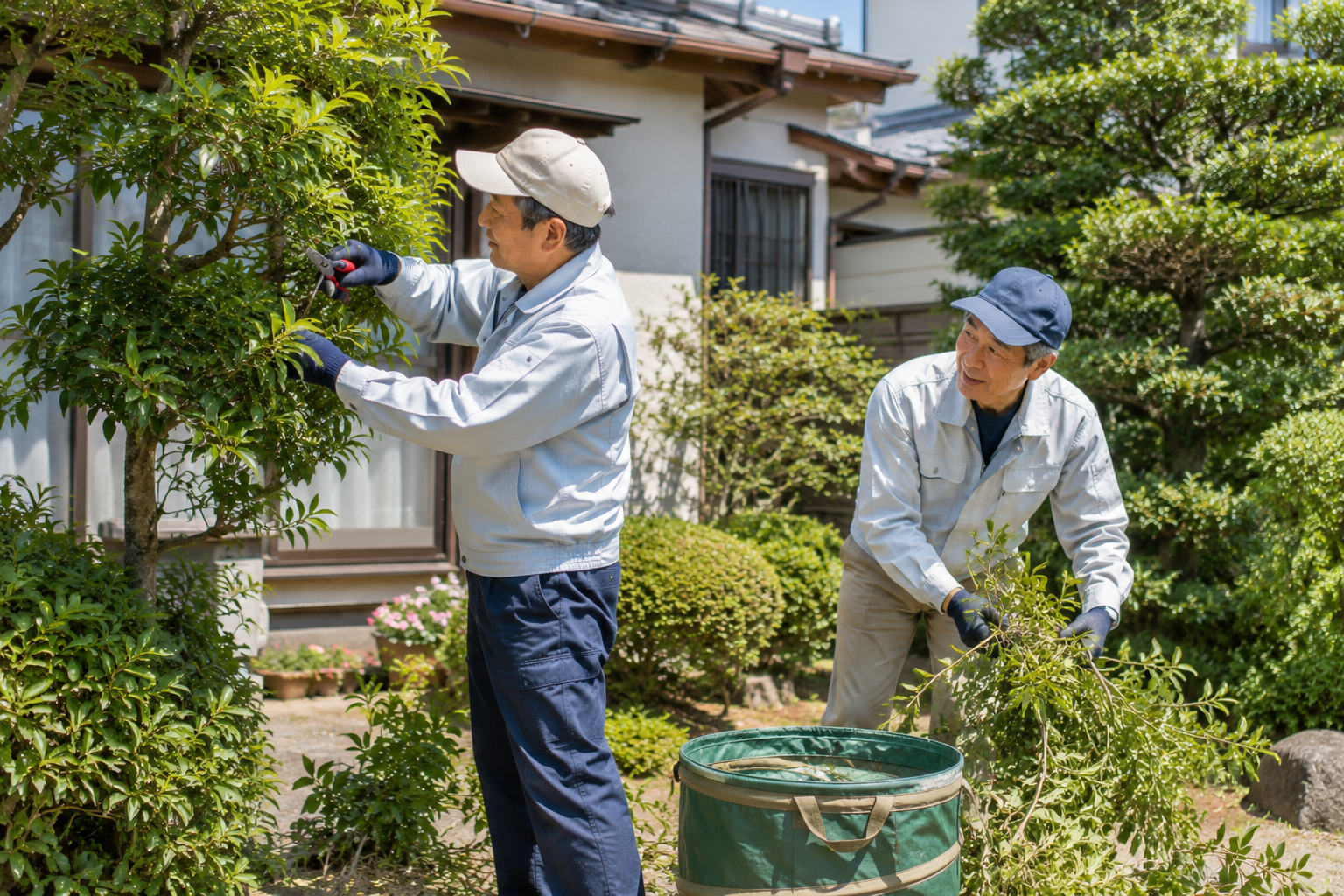 庭木の剪定作業をするシルバー人材センター会員