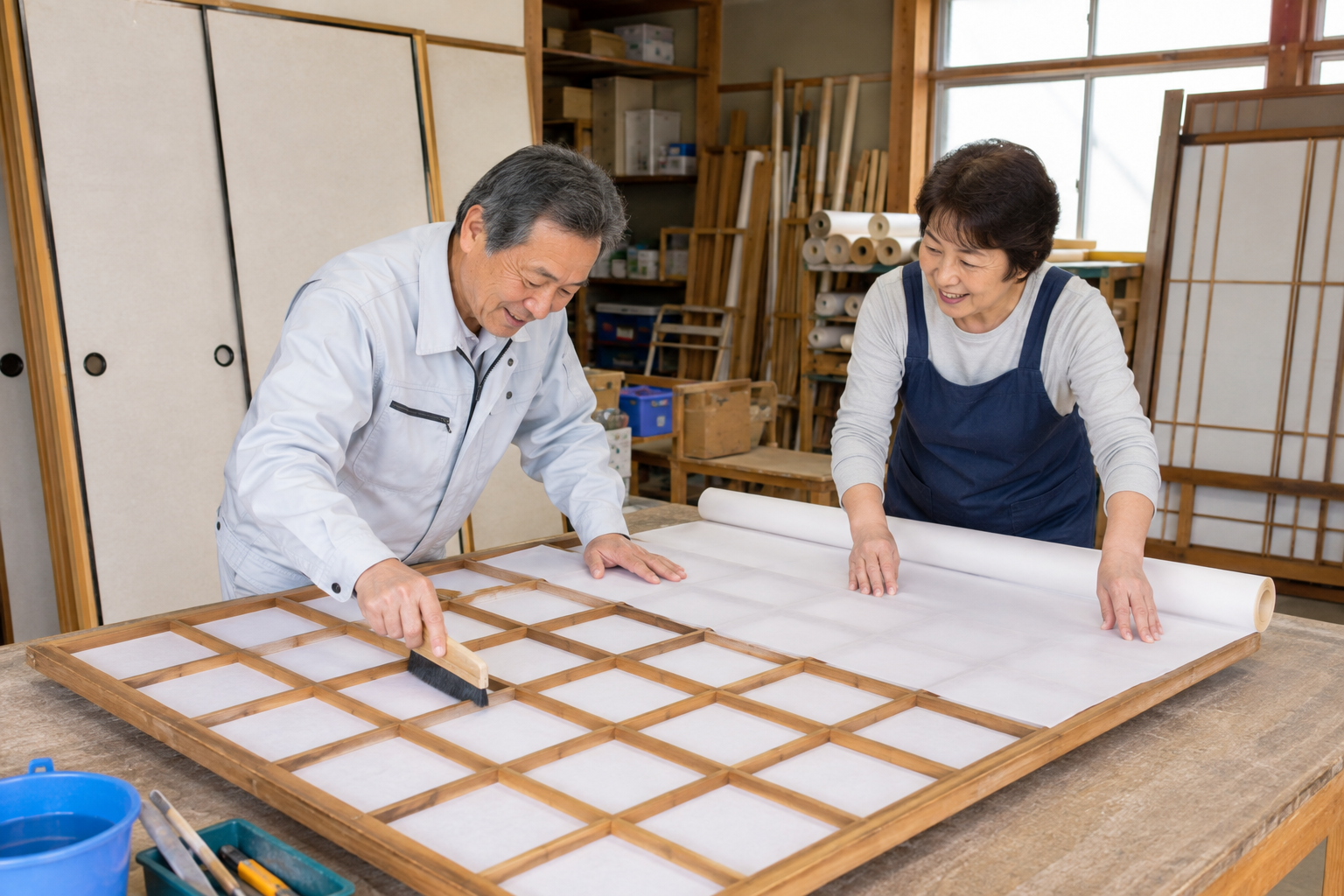 障子やふすまの張替え作業をするシルバー人材センター会員