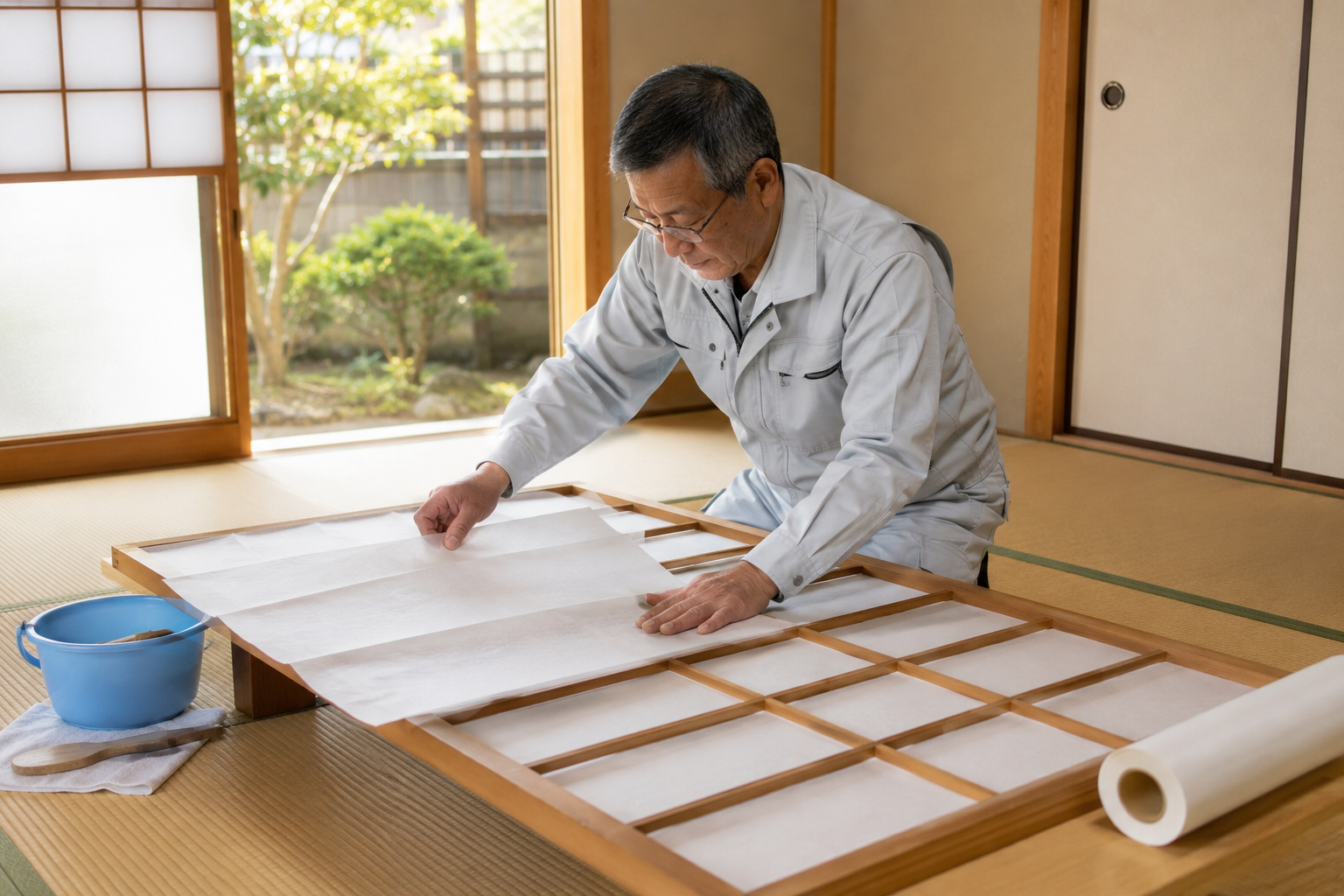 障子の張替え作業をする東かがわ市シルバー人材センターの会員